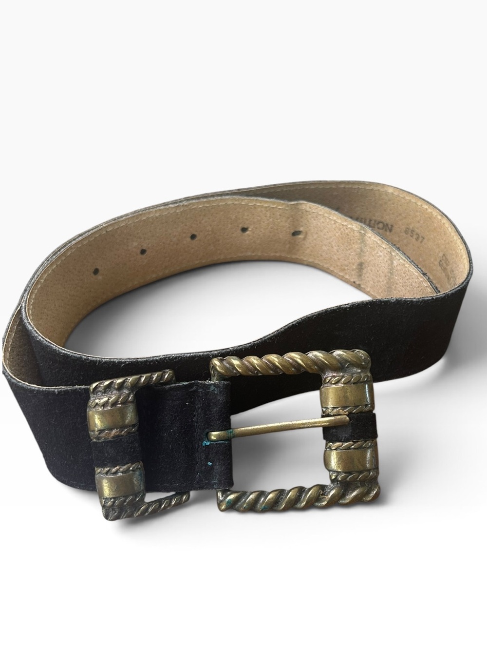 Vermillion Black Suede Leather Belt Gold Rope Buckle Made in Canada M